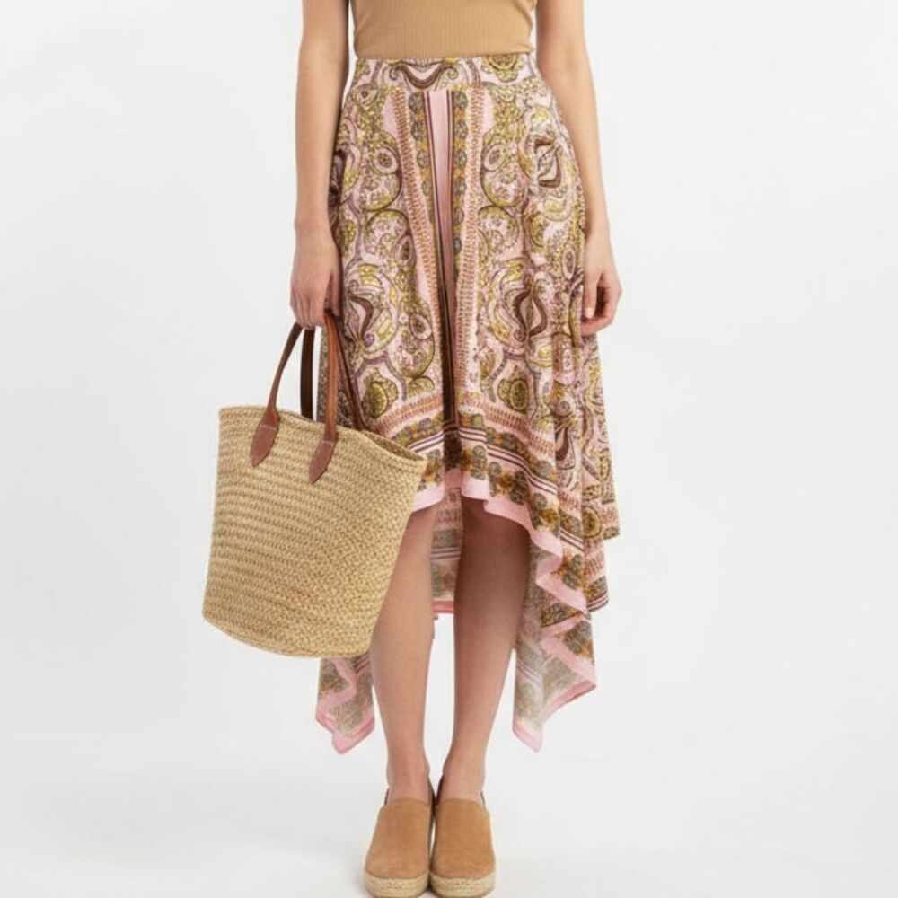 Venus Pink & Gold Print Asymmetric Hem Full A Line Skirt XS - Picture 1 of 7